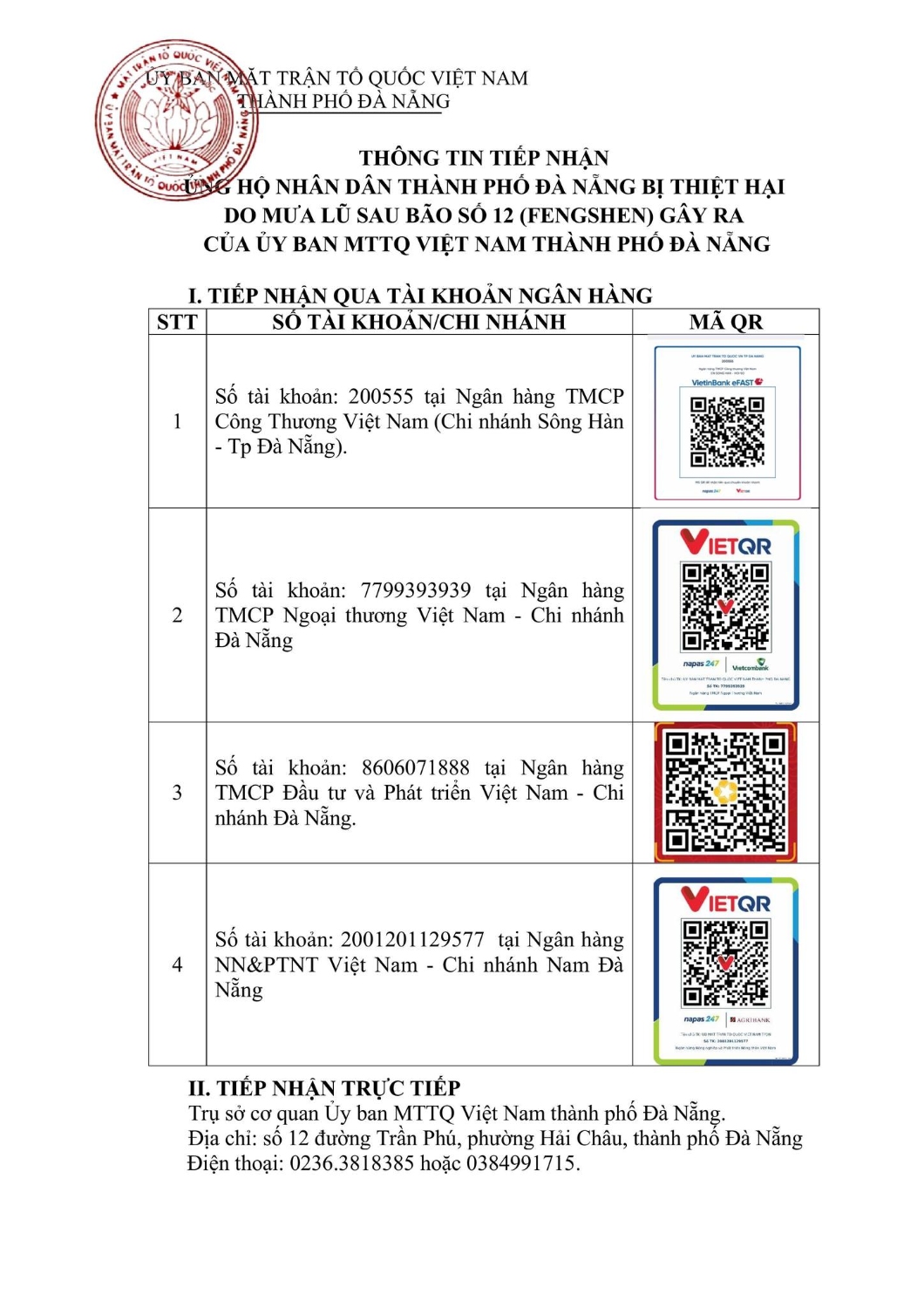 Thông báo thông tin tiếp nhận ủng hộ Nhân dân thành phố Đà Nẵng bị thiệt hại do mưa lũ sau bão số 12