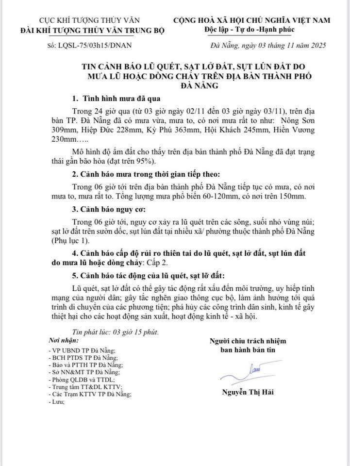 TIN CẢNH BÁO LŨ QUÉT, SẠT LỞ ĐẤT, SỤT LÚN ĐẤT DO MƯA LŨ HOẶC DÒNG CHẢY TRÊN ĐỊA BÀN THÀNH PHỐ ĐÀ NẴNG